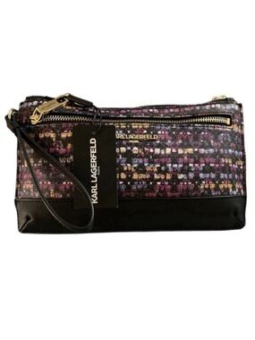 Karl Lagerfeld Paris Double Zip Wristlet Pouch Clutch Plum Combo Crown Print NWT